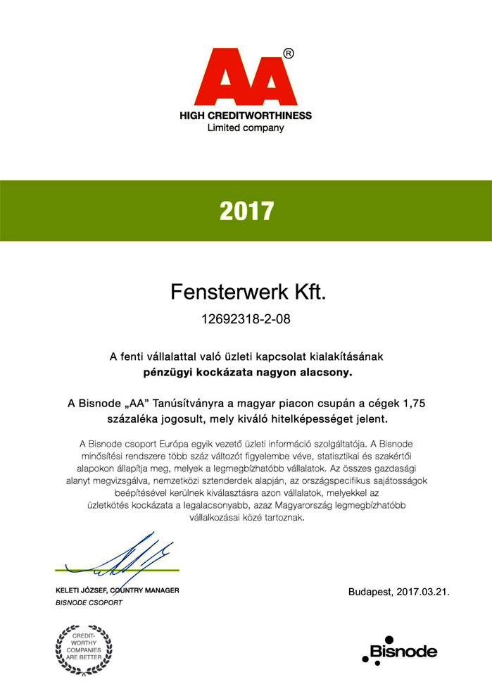 Bisnode tanúsítvány - kiváló hitelképesség